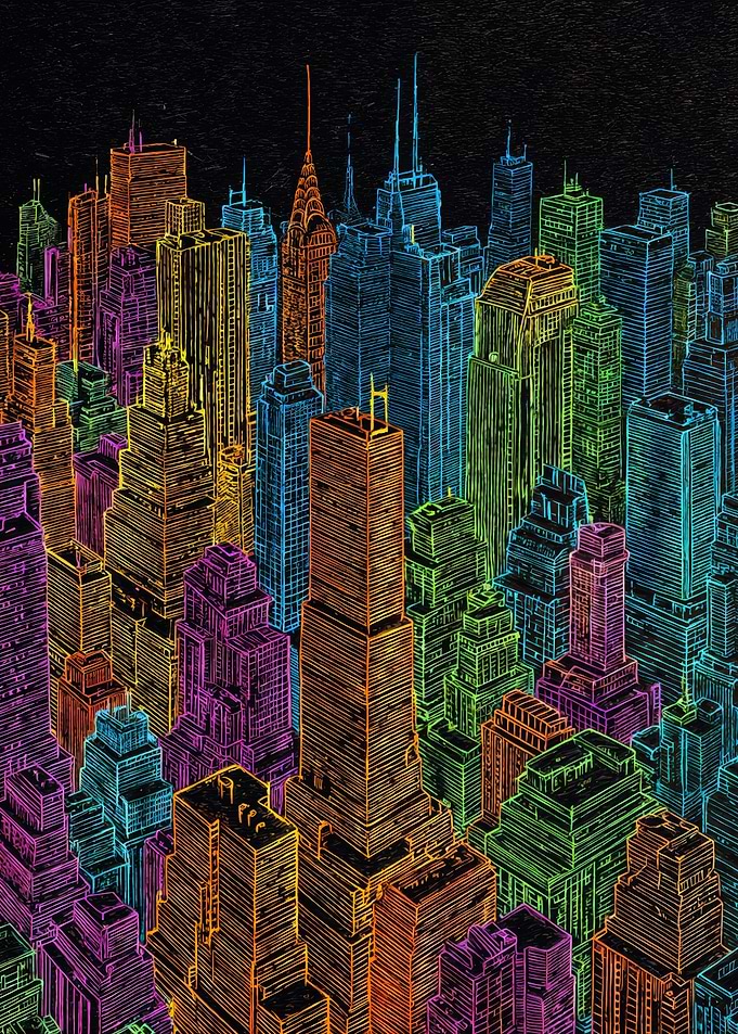 Vibrant Neon City Scratchboard Art