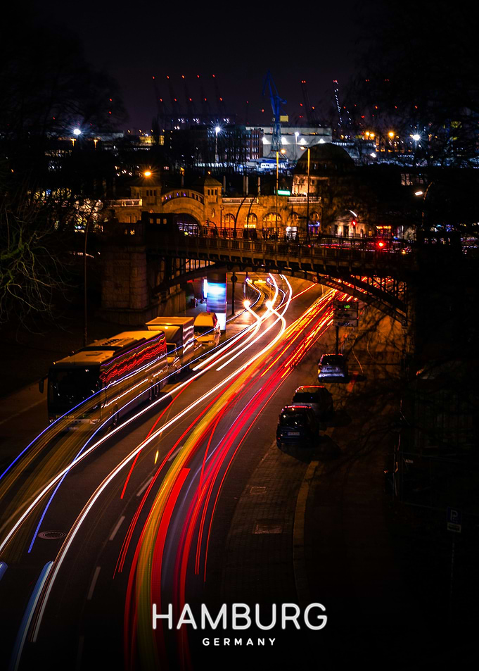 Hamburg at Night with Light Trails