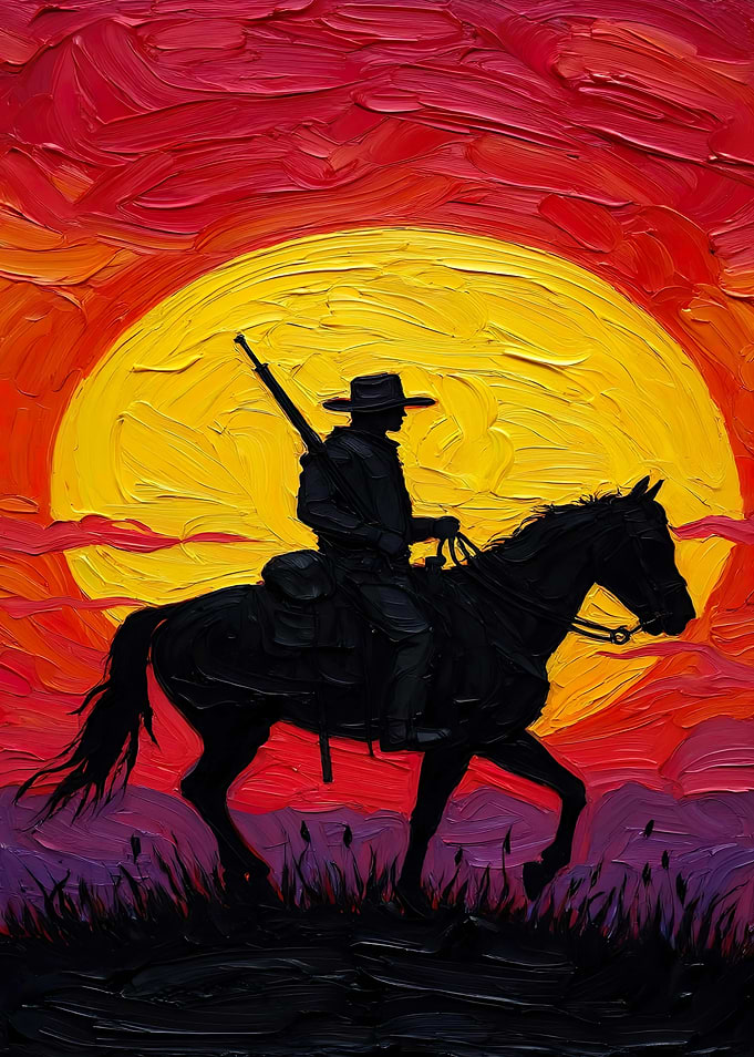 Cowboy on Horseback at Sunset
