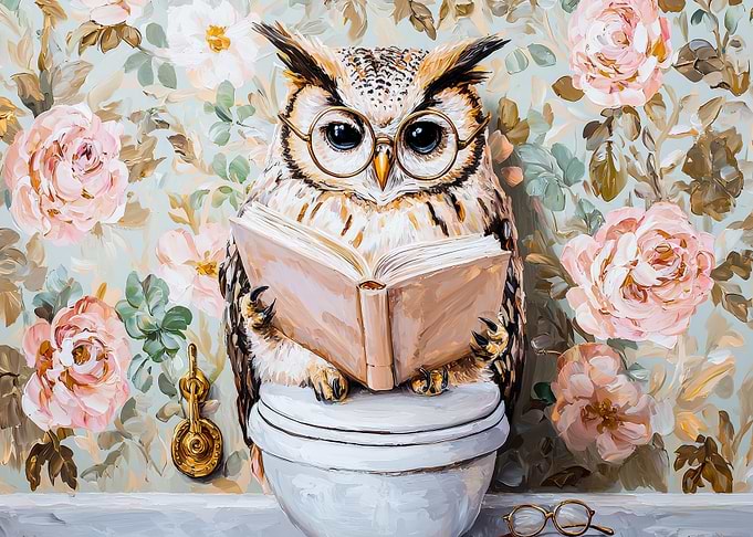 Owl Reading on Toilet