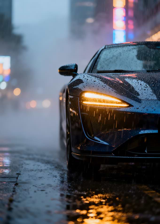 Sports car in the rain at cityscape night