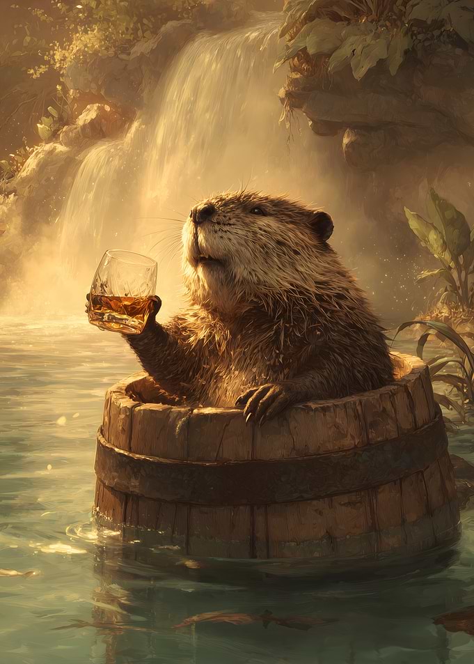 Beaver Enjoying a Drink by a Waterfall