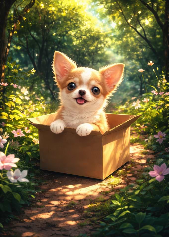 Cute Chihuahua Puppy in a Cardboard Box