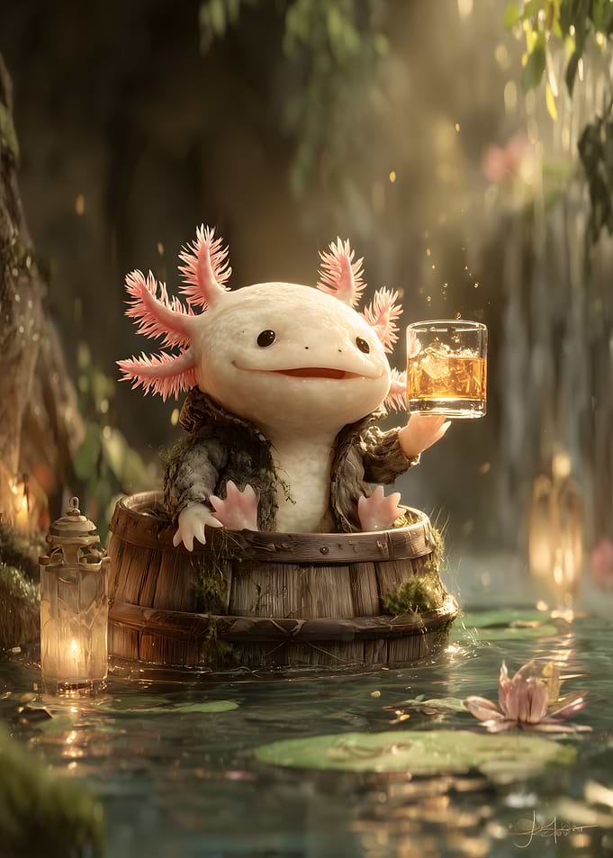 Axolotl in a barrel with a drink