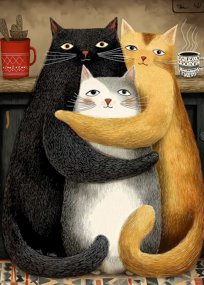 Three Cats Hugging