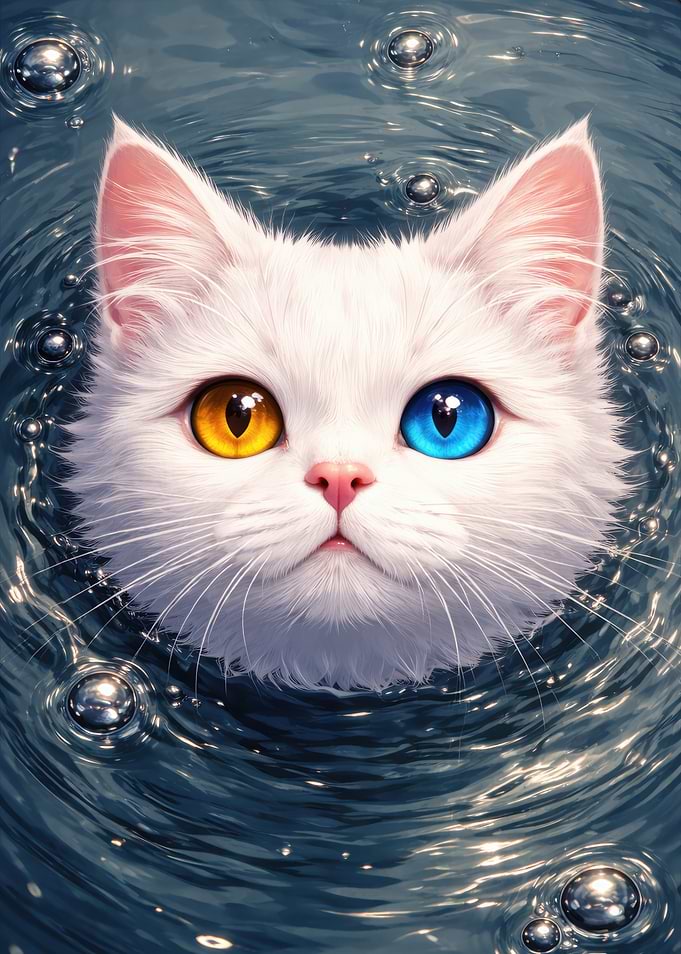 White Cat with Heterochromia in Water