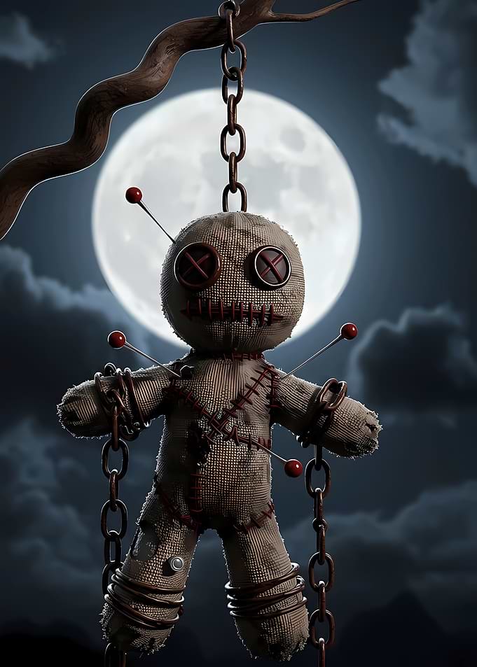 Creepy Voodoo Doll Hanging in Moonlight