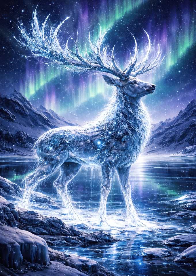 Ice Reindeer Under Aurora Borealis