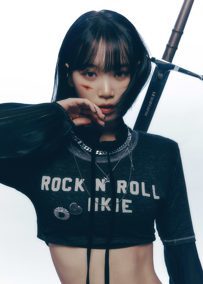 K-Pop Idol in Rocker Outfit with Sword le sserafim