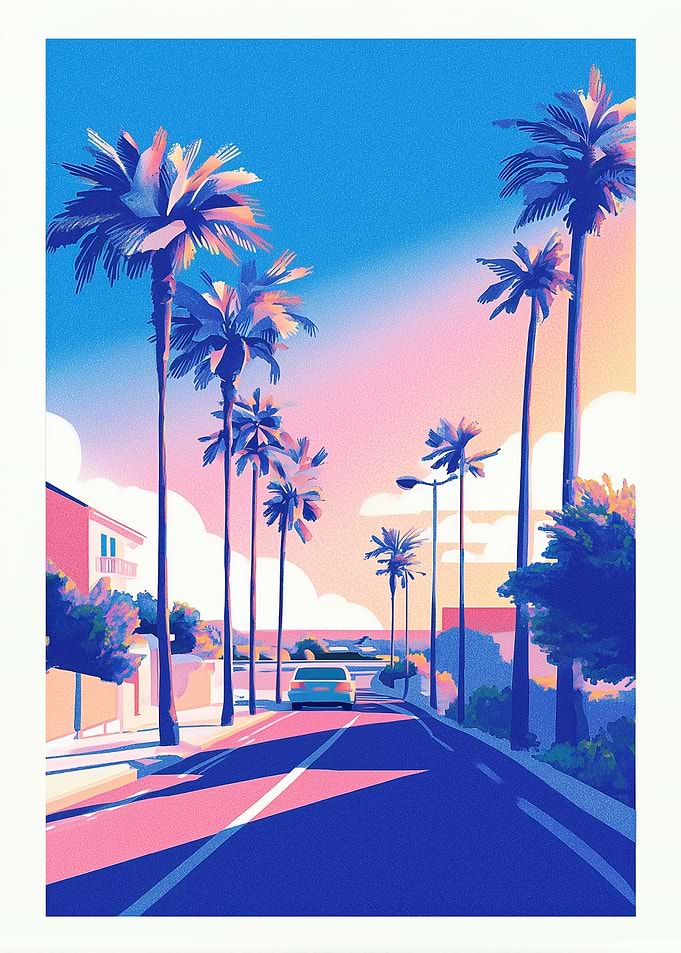 Palm Tree Lined Road at Sunset