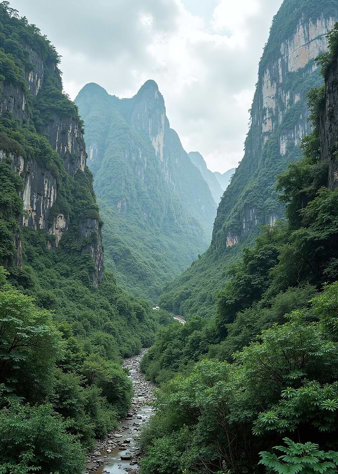 Misty Mountain Valley with River