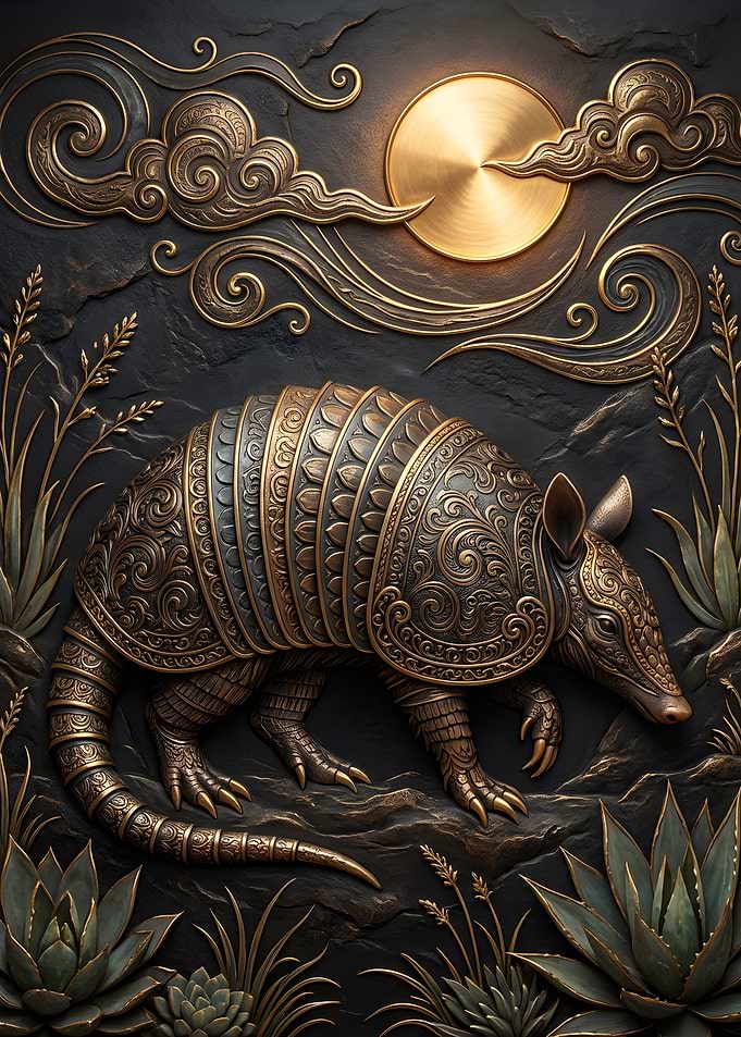Ornate Armadillo with Golden Sun and Clouds