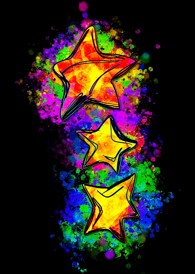 Three Colorful Stars on Black Background