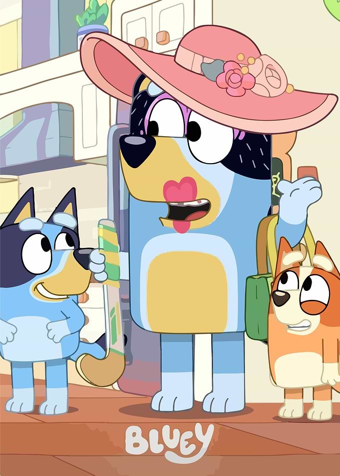 Bluey characters in funny hats