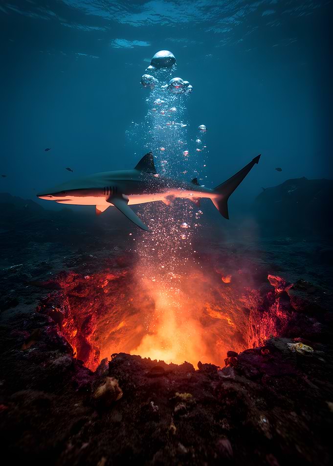 Shark near underwater volcano