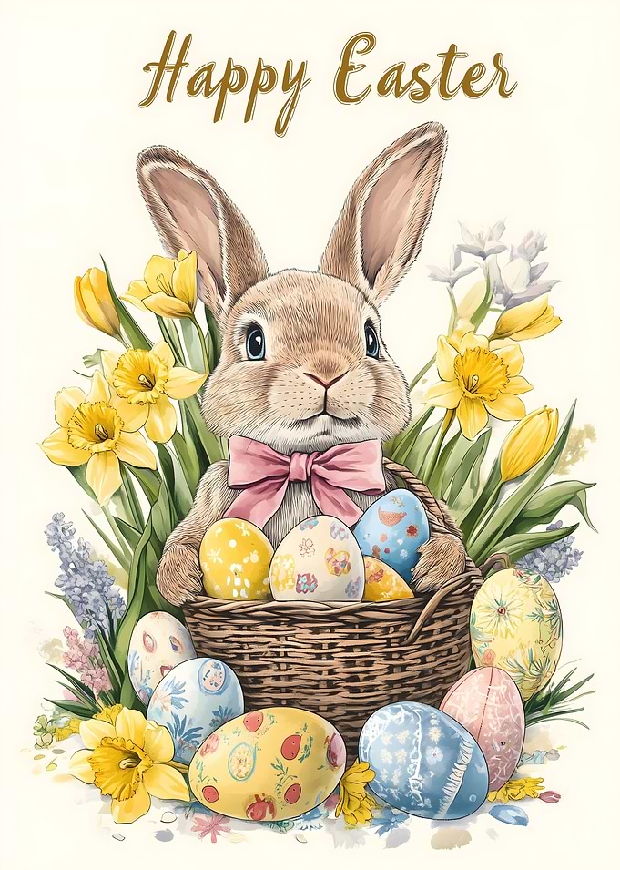 Happy Easter Bunny with Eggs and Flowers