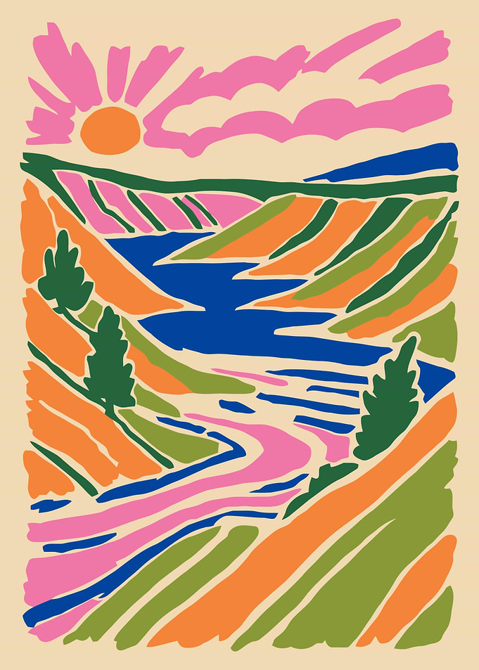 Vibrant Abstract Landscape with River and Sun