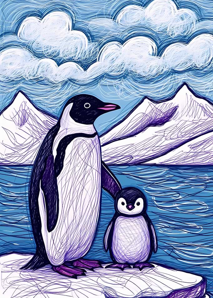 Penguin Family in Snowy Landscape