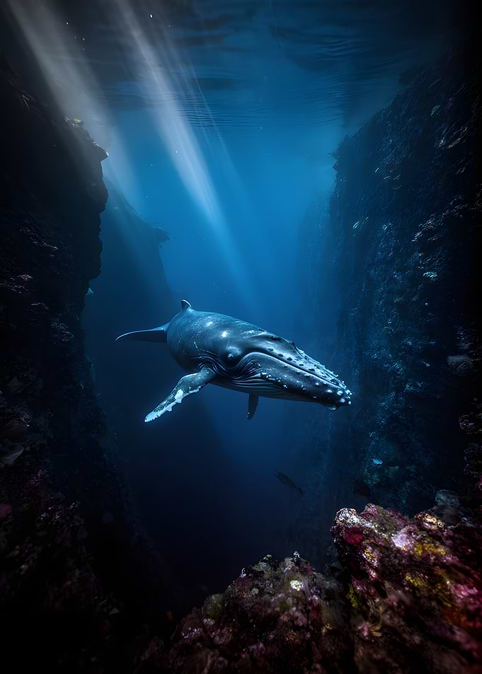 Humpback whale swimming in ocean canyon