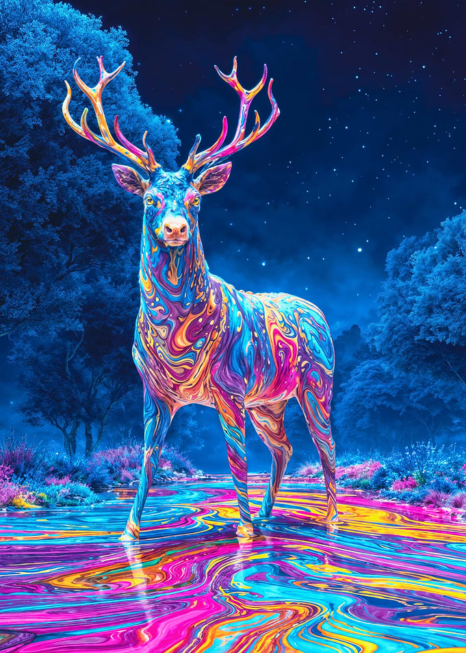 Psychedelic Deer Vibrant Night Forest