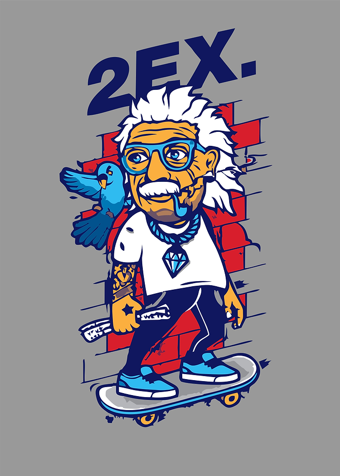 Einstein on Skateboard with Bird