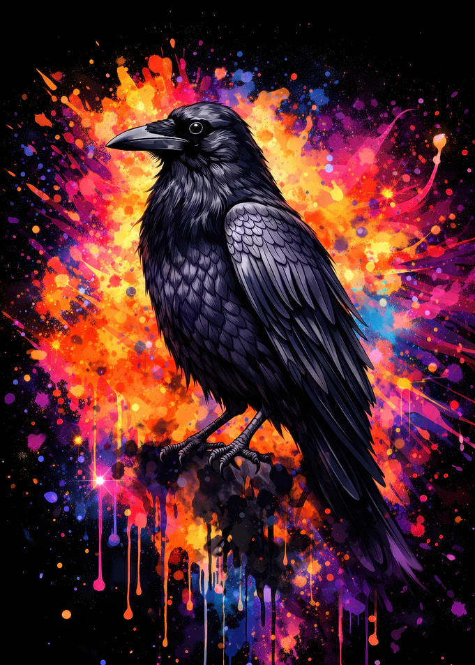 Raven on Colorful Splatter Background