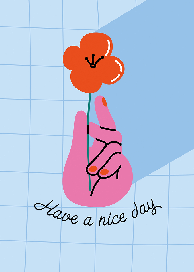 Hand holding a flower with text