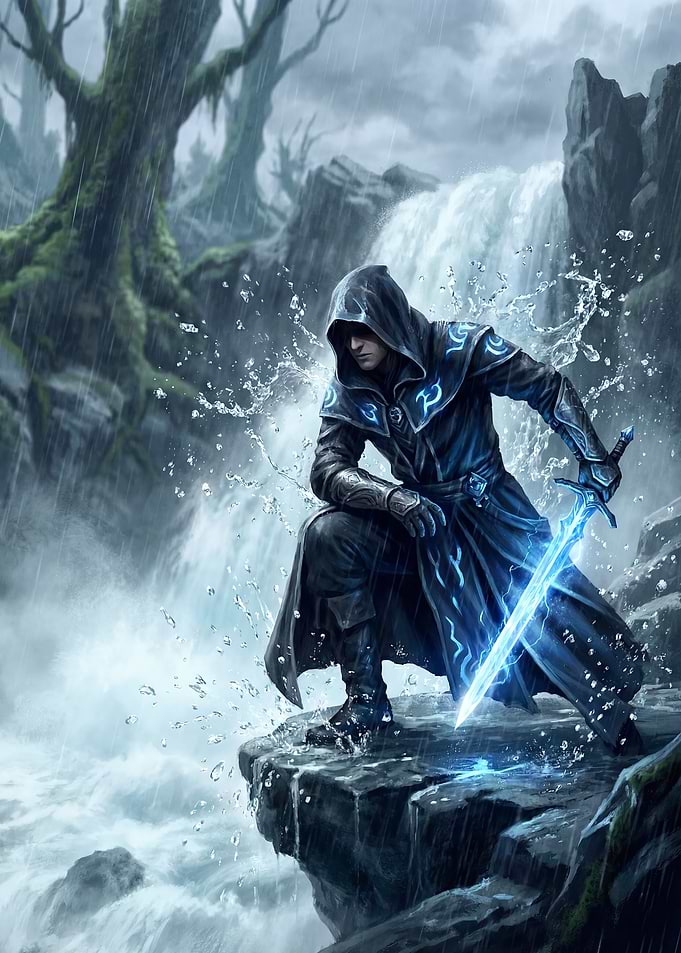 Mysterious hooded figure with glowing sword