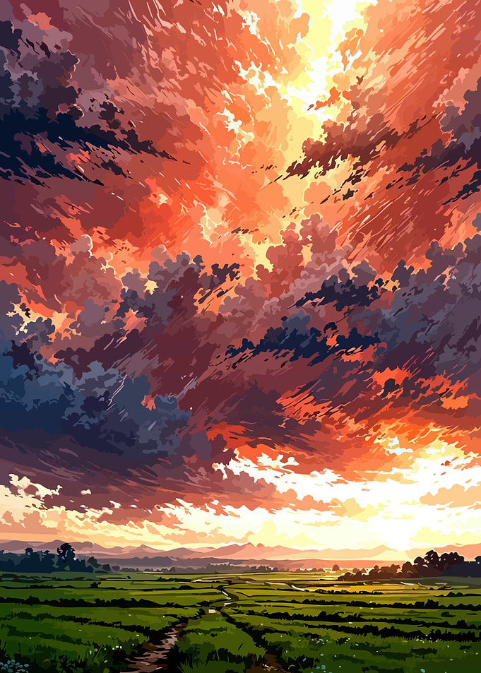 Dramatic Sunset Over Rural Landscape