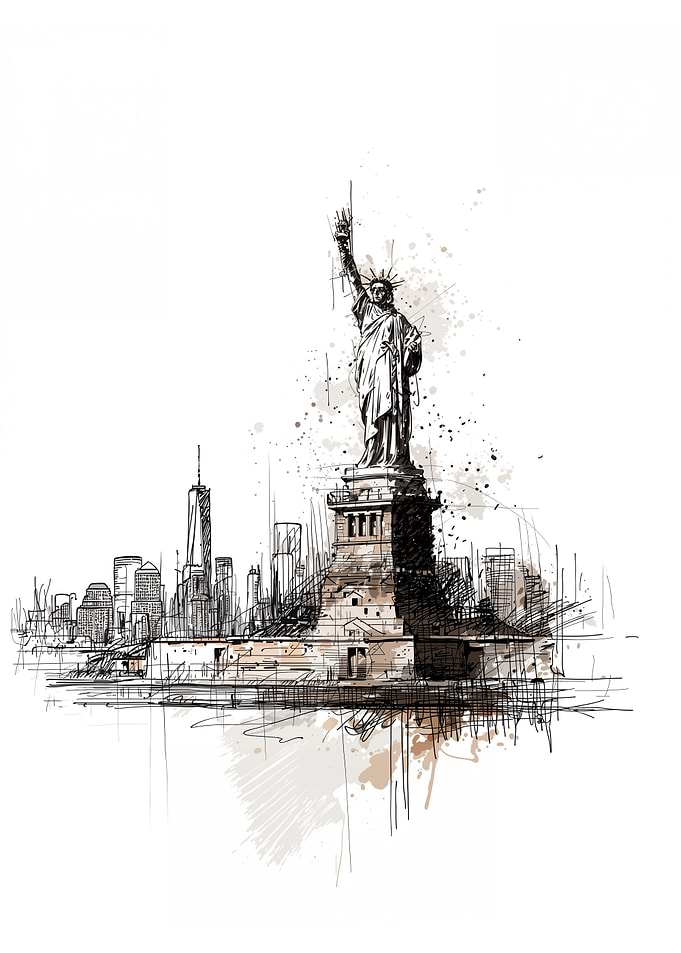 Statue of Liberty and New York Skyline Sketch