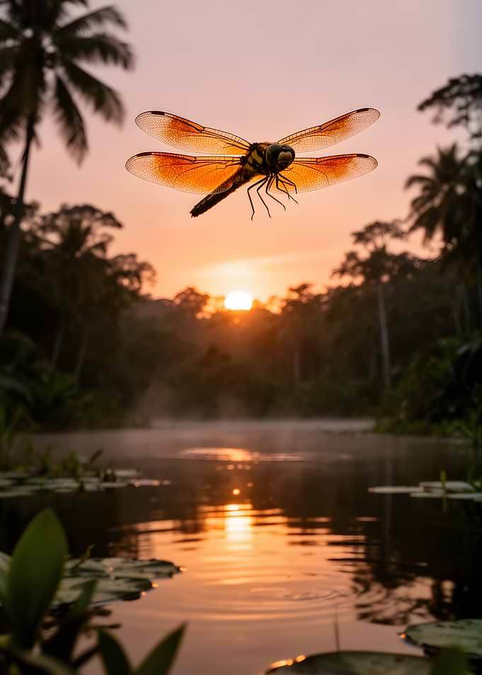 Dragonfly at Sunrise Over Misty Lake