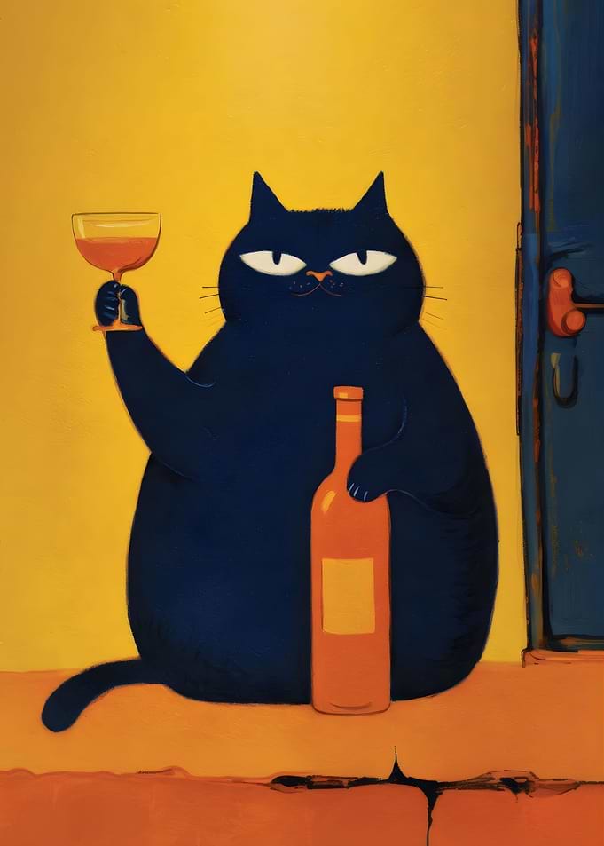 Black Cat drink Wine and Bottle