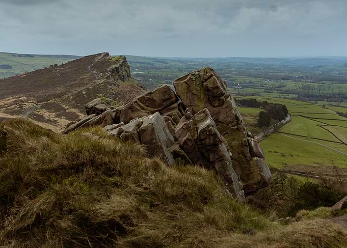 Rocky outcrop overlooking a valley, shot in the Roaches, Peak District.
