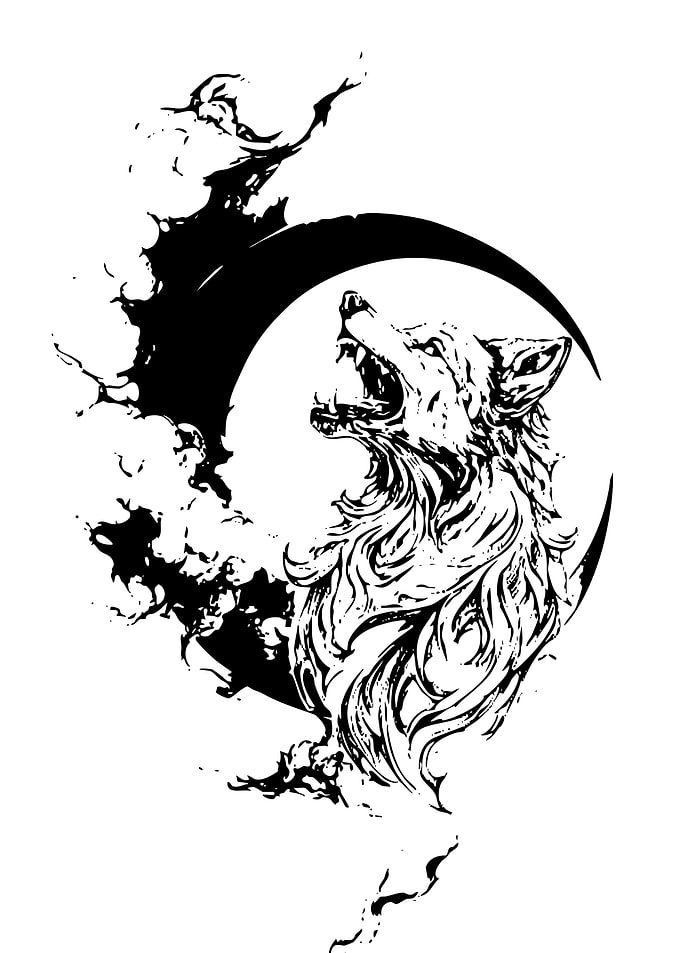 Wolf howling at crescent moon