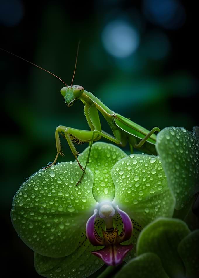 Praying Mantis on a Dewy Orchid