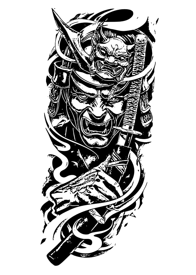 Samurai Oni Mask and Katana Tattoo Design