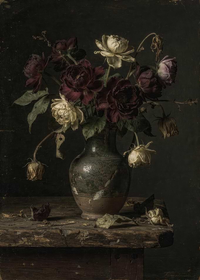 Dark Academia Botanical: Still Life of Wilting Roses in a Vase