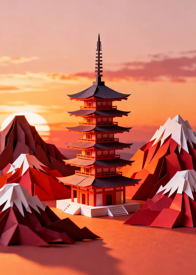 Papercraft Pagoda and Mountains at Sunset