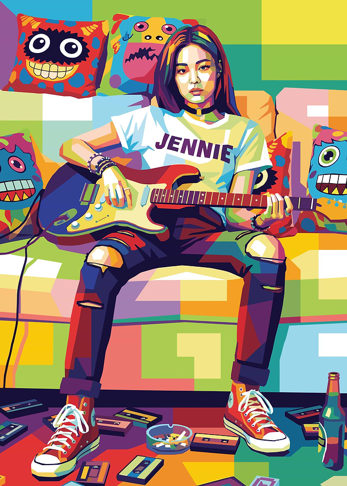 Jennie Playing Guitar with Monster Pillows