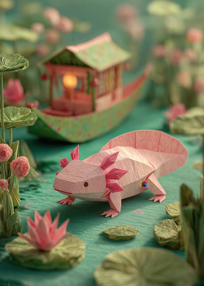 Origami Axolotl and Boat