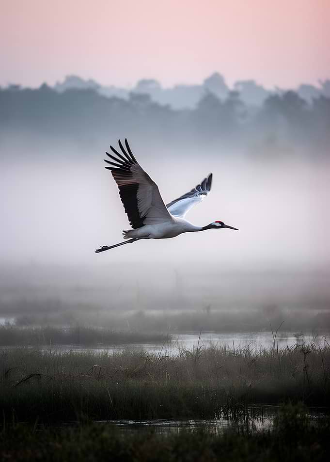 Red-crowned crane flying over misty marsh