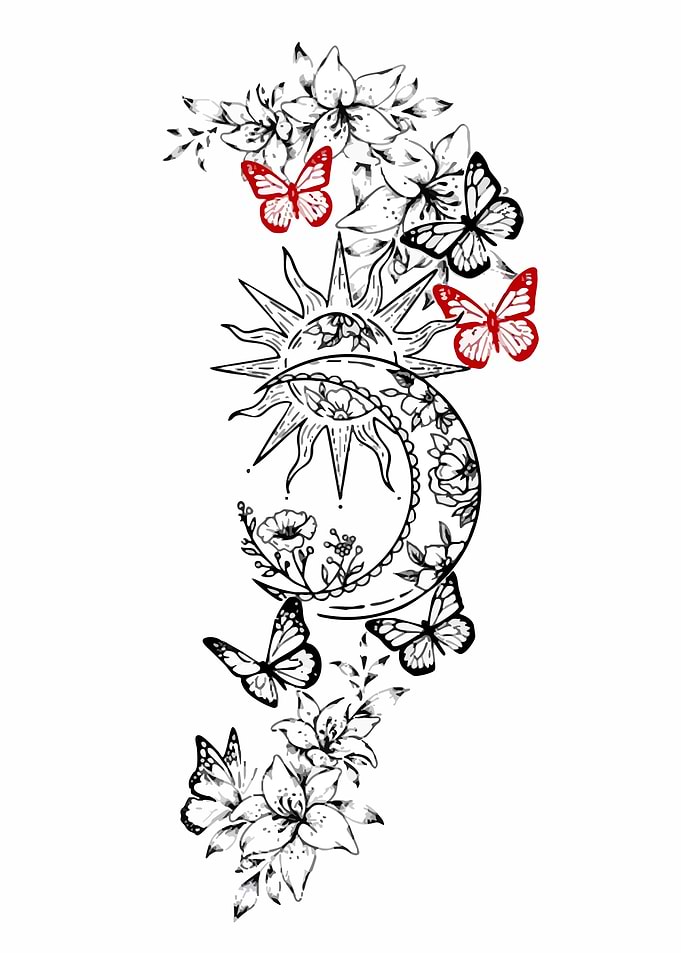Celestial Sun and Moon with Butterflies