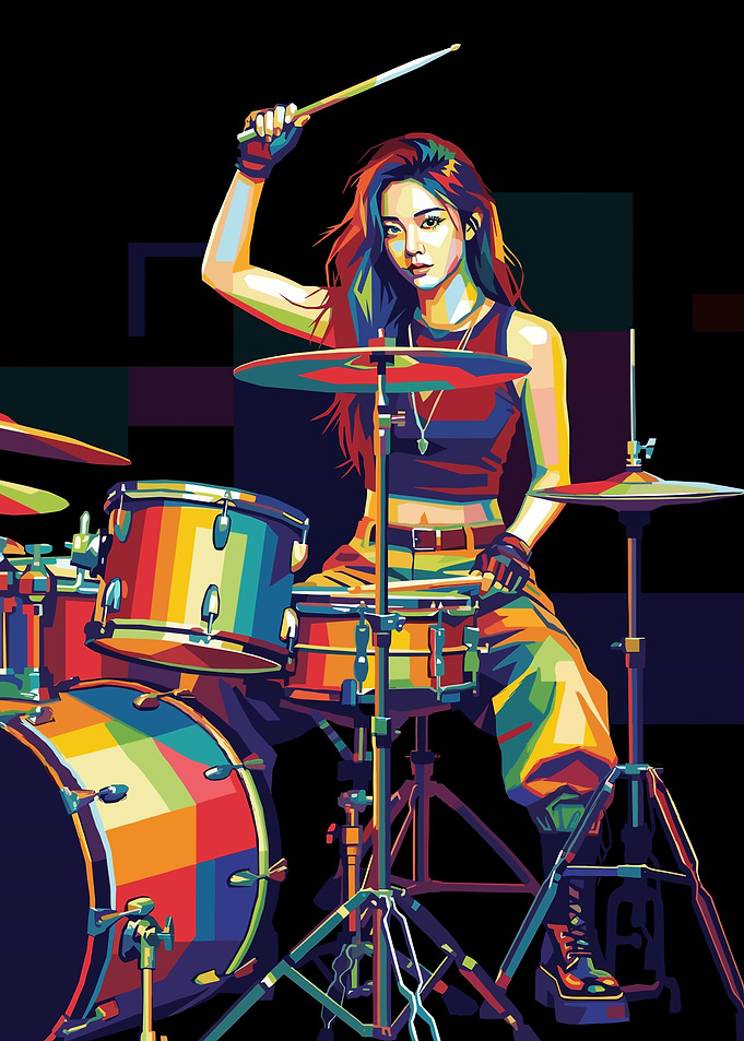 Woman playing drums in pop art style