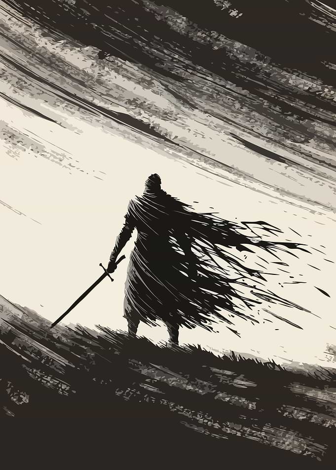Warrior with Sword in Dramatic Landscape