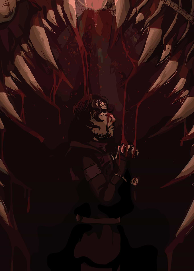 Man praying in monster's mouth