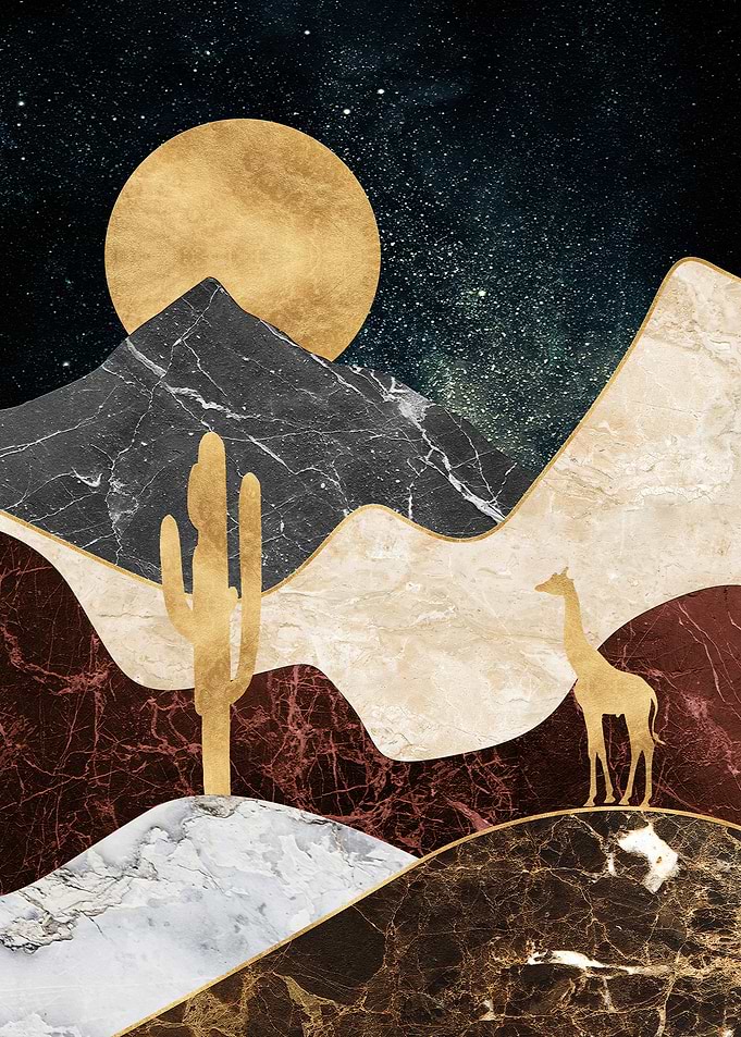 Abstract Desert Landscape with Giraffe and Moon
