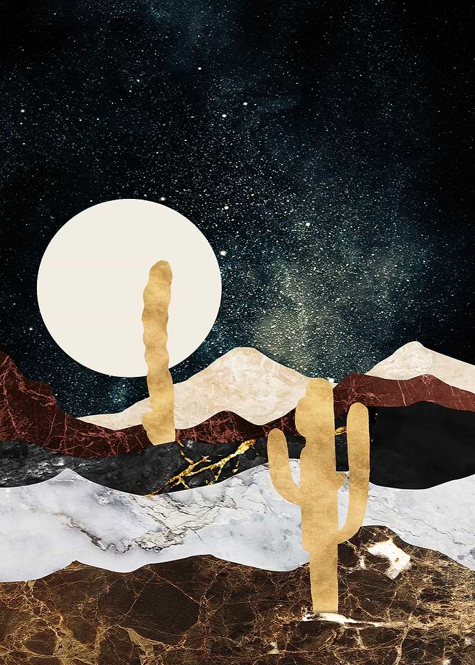 Desert Night Landscape with Cacti and Moon