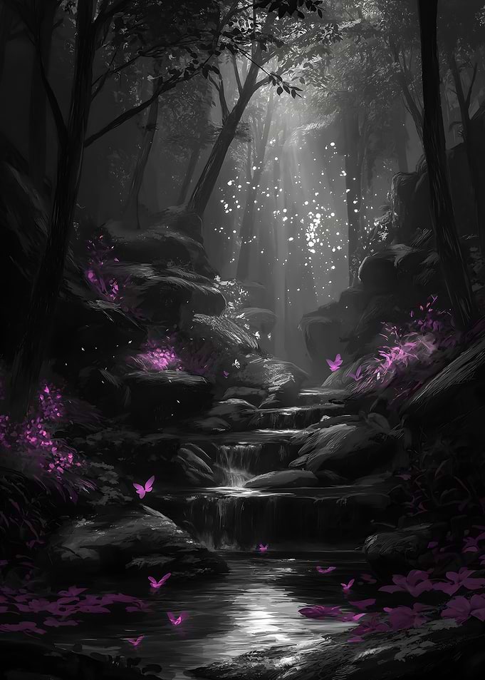 Enchanted Forest Waterfall with Butterflies
