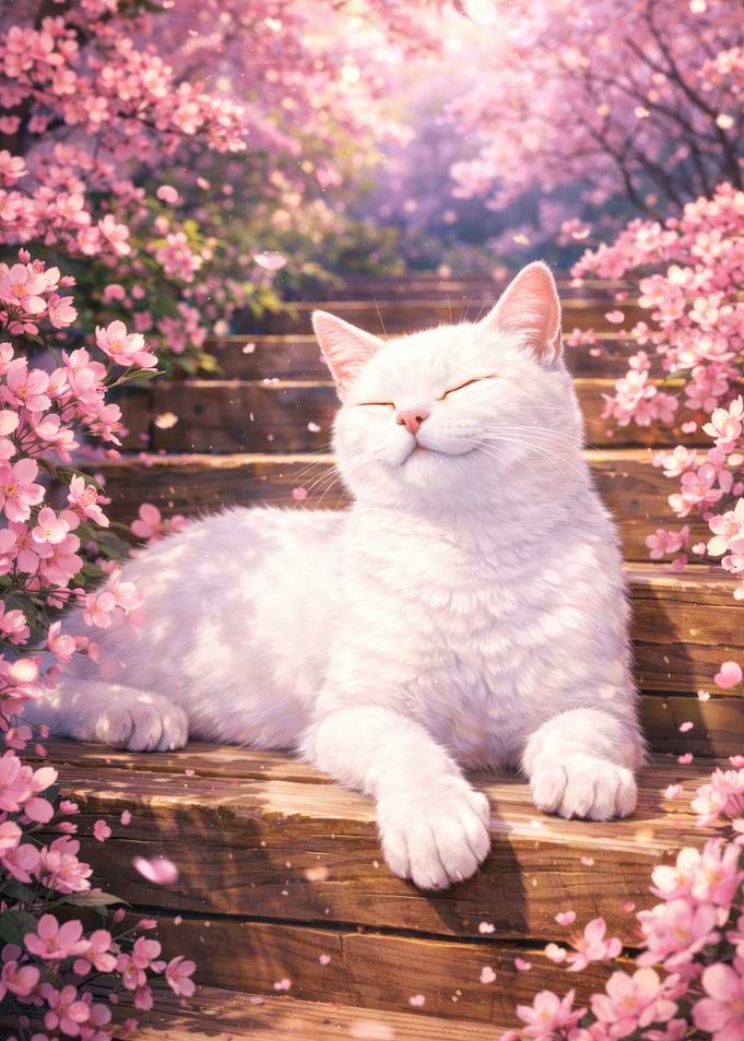 White Cat Among Cherry Blossoms