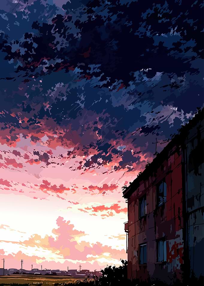 Anime Sunset Over Abandoned Building